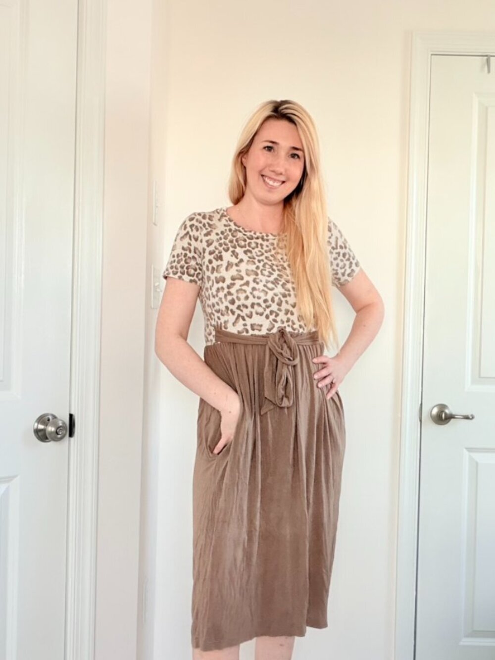 Leopard Print Tie Waist Midi Dress Brown Pleated Skirt Boho Animal Print S